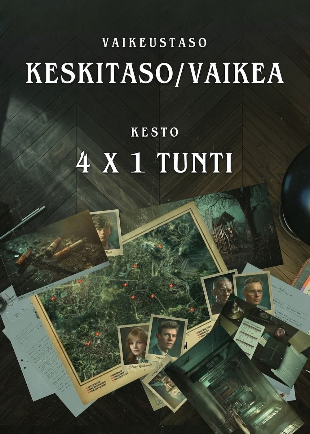 Asylum: kartta, valokuvia ja asiakirjoja sekä tietoa vaikeustasosta ja neljän osan kestosta.
